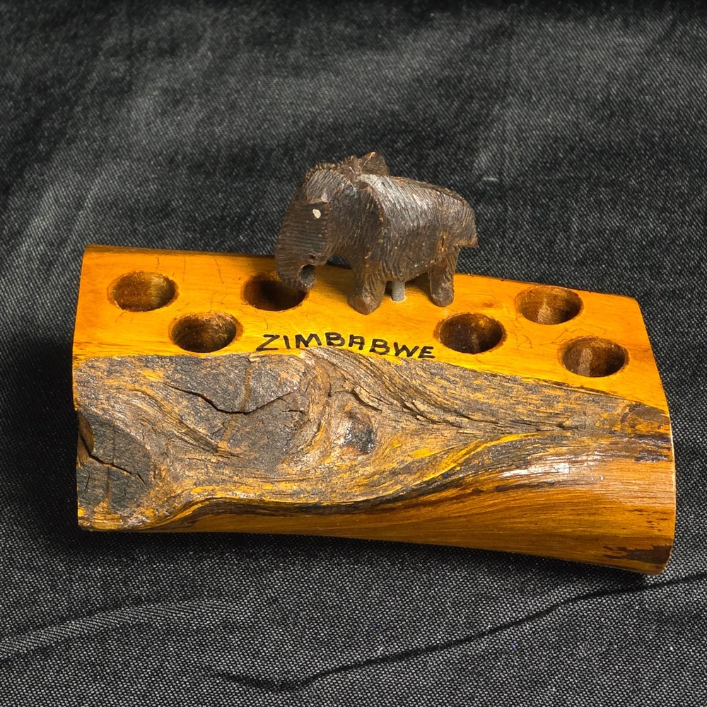 Vintage Hand Carved Wood Elephant Pen Holder Zimbabwe Live Edge Desk Organizer